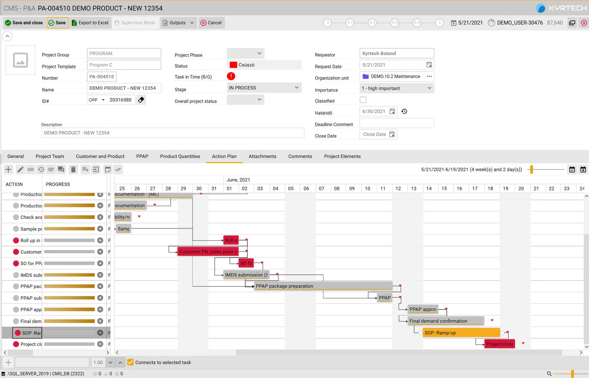 Projekt Gantt-diagram feladatokkal és előrehaladással — Kyrtech PA