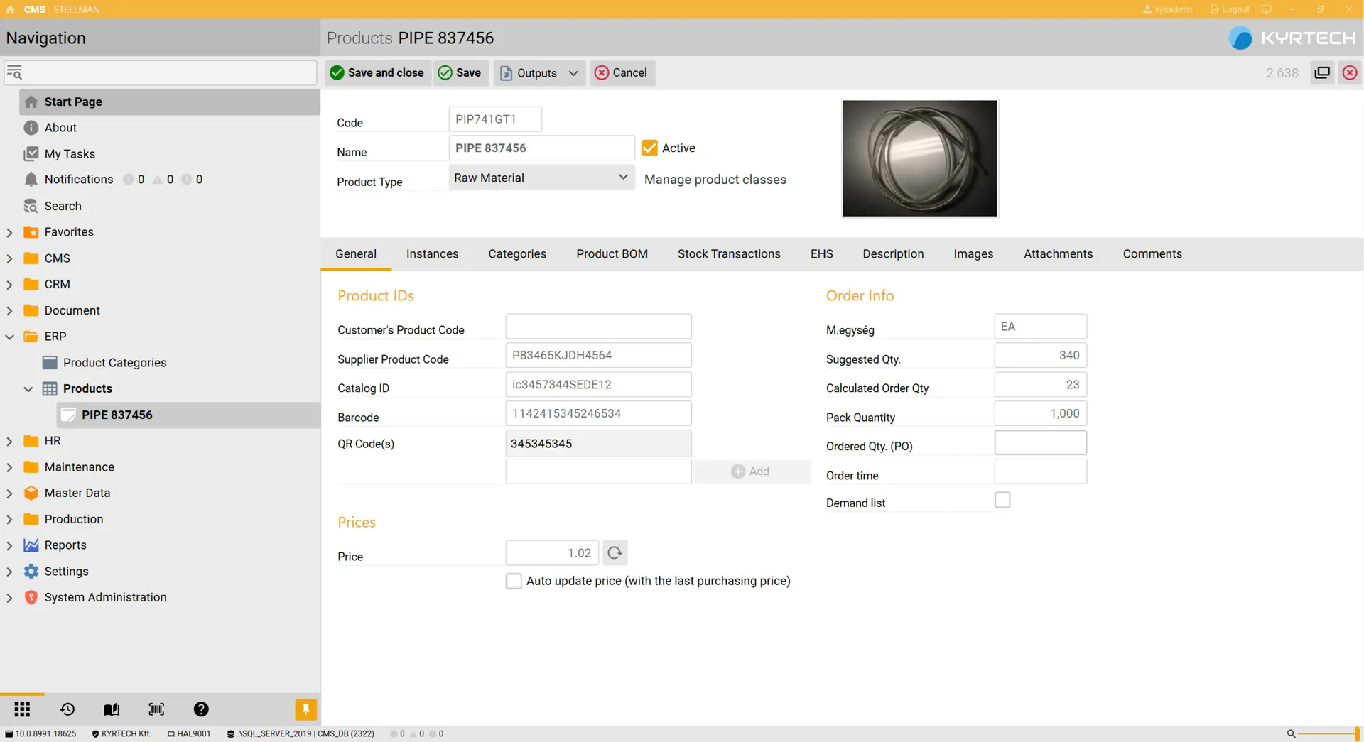 Inventory item master data record